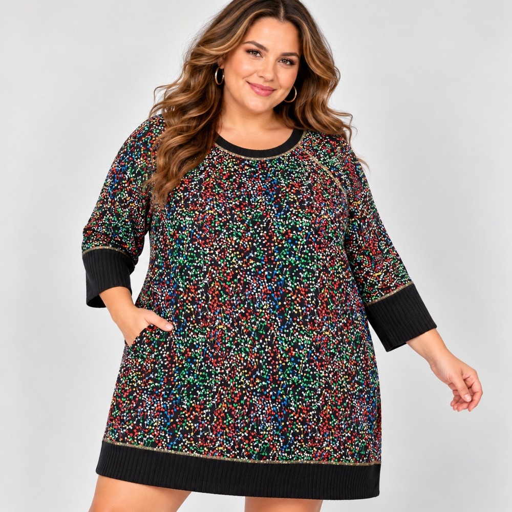 Suzanne Betro Tunic Dress Women's 3X Black Multi Color Long Sleeve Pockets Artsy